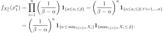 \begin{align}
f_{X_1^n}(x_1^n)
  &= \prod_{i=1}^n \left({1 \over \beta-\alpha}\right) \mathbf{1}_{ \{ \alpha \leq x_i \leq \beta \} }
  = \left({1 \over \beta-\alpha}\right)^n \mathbf{1}_{ \{ \alpha \leq x_i \leq \beta, \, \forall \, i = 1,\ldots,n\}} \\
  &= \left({1 \over \beta-\alpha}\right)^n \mathbf{1}_{ \{ \alpha \, \leq \, \min_{1 \leq i \leq n}X_i \} } \mathbf{1}_{ \{ \max_{1 \leq i \leq n}X_i \, \leq \, \beta \} }.
\end{align}