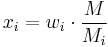 x_i = w_i \cdot \frac {M}{M_i}