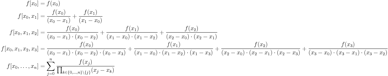 
\begin{align}
f[x_0] &= f(x_0) \\
f[x_0,x_1] &= \frac{f(x_0)}{(x_0-x_1)} %2B \frac{f(x_1)}{(x_1-x_0)} \\
f[x_0,x_1,x_2] &= \frac{f(x_0)}{(x_0-x_1)\cdot(x_0-x_2)} %2B \frac{f(x_1)}{(x_1-x_0)\cdot(x_1-x_2)} %2B \frac{f(x_2)}{(x_2-x_0)\cdot(x_2-x_1)} \\
f[x_0,x_1,x_2,x_3] &= \frac{f(x_0)}{(x_0-x_1)\cdot(x_0-x_2)\cdot(x_0-x_3)} %2B \frac{f(x_1)}{(x_1-x_0)\cdot(x_1-x_2)\cdot(x_1-x_3)} %2B \frac{f(x_2)}{(x_2-x_0)\cdot(x_2-x_1)\cdot(x_2-x_3)} %2B \frac{f(x_3)}{(x_3-x_0)\cdot(x_3-x_1)\cdot(x_3-x_2)} \\
f[x_0,\dots,x_n] &=
\sum_{j=0}^{n} \frac{f(x_j)}{\prod_{k\in\{0,\dots,n\}\setminus\{j\}} (x_j-x_k)}
\end{align}
