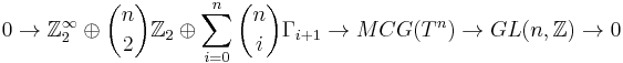 0\to \mathbb Z_2^\infty\oplus\binom n2\mathbb Z_2\oplus\sum_{i=0}^n\binom n i\Gamma_{i%2B1}\to MCG(T^n)\to GL(n,\mathbb Z)\to 0