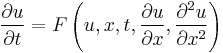 \frac{\partial u}{\partial t} = F\left(u, x, t, \frac{\partial u}{\partial x}, \frac{\partial^2 u}{\partial x^2}\right)