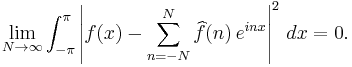 \lim_{N\rightarrow\infty}\int_{-\pi}^\pi\left|f(x)-\sum_{n=-N}^{N} \widehat{f}(n)\,e^{inx}\right|^2\,dx=0.