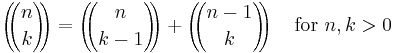 \left(\!\!{n\choose k}\!\!\right) = \left(\!\!{n\choose k - 1}\!\!\right) %2B \left(\!\!{n-1\choose k}\!\!\right) \quad \mbox{for } n,k>0