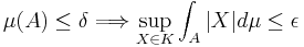  \mu(A) \leq \delta \Longrightarrow \sup_{X \in K} \int_A |X| d\mu \leq \epsilon