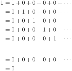 \begin{align}1&=1%2B0%2B0%2B0%2B0%2B\cdots\\
 &=0%2B1%2B0%2B0%2B0%2B\cdots\\
 &=0%2B0%2B1%2B0%2B0%2B\cdots\\
 &=0%2B0%2B0%2B1%2B0%2B\cdots\\
 &=0%2B0%2B0%2B0%2B1%2B\cdots\\
 &\vdots\\
 &=0%2B0%2B0%2B0%2B0%2B\cdots\\
 &=0\end{align}