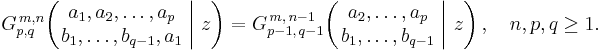 
G_{p,q}^{\,m,n} \!\left( \left. \begin{matrix} a_1, a_2, \dots, a_p \\ b_1, \dots, b_{q-1}, a_1 \end{matrix} \; \right| \, z \right) =
G_{p-1,\,q-1}^{\,m,\,n-1} \!\left( \left. \begin{matrix} a_2, \dots, a_p \\ b_1, \dots, b_{q-1} \end{matrix} \; \right| \, z \right), \quad n,p,q \geq 1.
