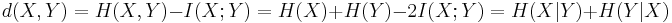 d(X,Y) = H(X,Y) - I(X;Y) = H(X) %2B H(Y) - 2I(X;Y) = H(X|Y) %2B H(Y|X)