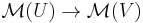 \mathcal{M}(U) \to \mathcal{M}(V)