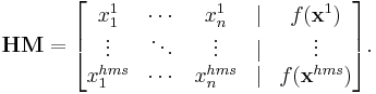 
\mathbf{HM} =
\begin{bmatrix}
x^1_1 & \cdots & x^1_n & | & f(\mathbf{x}^1)\\
\vdots & \ddots & \vdots & | & \vdots\\
x^{hms}_1 & \cdots & x^{hms}_n & | & f(\mathbf{x}^{hms})\\
\end{bmatrix}.
