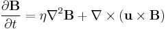 \frac{\partial \mathbf{B}}{\partial t} = \eta \nabla^2 \mathbf{B} %2B \nabla \times (\mathbf{u} \times \mathbf{B}) 