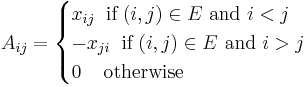 A_{ij} = \begin{cases} x_{ij}\;\;\mbox{if}\;(i,j) \in E \mbox{ and } i<j\\
-x_{ji}\;\;\mbox{if}\;(i,j) \in E \mbox{ and } i>j\\
0\;\;\;\;\mbox{otherwise} \end{cases}