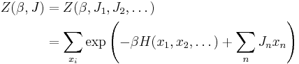 \begin{align} Z(\beta,J) 
& = Z(\beta,J_1,J_2,\dots) \\
& = \sum_{x_i} \exp \left(-\beta H(x_1,x_2,\dots) %2B
\sum_n J_n x_n
\right)
\end{align}
