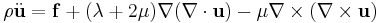 \rho{ \ddot{\bold{u}}} = \bold{f} %2B ( \lambda %2B 2\mu )\nabla(\nabla \cdot \bold{u}) - \mu\nabla \times (\nabla \times \bold{u})