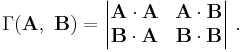 \Gamma(\mathbf A,\ \mathbf B )=\begin{vmatrix} \mathbf{A\cdot A} & \mathbf{A\cdot B} \\
 \mathbf{B\cdot A} & \mathbf{B\cdot B}  \end{vmatrix} \ . 