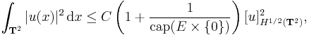 \int_{\mathbf{T}^{2}} | u(x) |^{2} \, \mathrm{d} x \leq C \left( 1 %2B \frac1{\mathrm{cap} (E \times \{ 0 \})} \right) [ u ]_{H^{1/2} (\mathbf{T}^{2})}^{2},