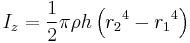 I_z = \frac{1}{2} \pi\rho h\left({r_2}^4 - {r_1}^4\right)