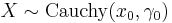 X \sim \textrm{Cauchy}(x_0,\gamma_0)\,