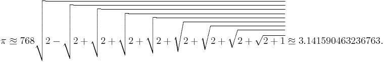 
\begin{align}
\pi   \approxeq   768 \sqrt{2 - \sqrt{2 %2B \sqrt{2 %2B \sqrt{2 %2B \sqrt{2 %2B \sqrt{2 %2B \sqrt{2 %2B \sqrt{2 %2B \sqrt{2%2B1}}}}}}}}}
\approxeq    3.141590463236763.
\end{align}
