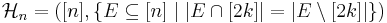 \mathcal{H}_n = ([n], \{E \subseteq [n] \mid | E \cap [2k]| = | E \setminus [2k]|\})