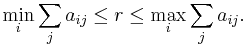 \min_i \sum_{j} a_{ij} \le r \le \max_i \sum_{j} a_{ij}.