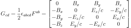 G_{cd} = \frac{1}{2}\epsilon_{abcd}F^{ab} = \begin{bmatrix} 0 & B_x & B_y & B_z \\ -B_x & 0 & E_z/c & -E_y/c \\ -B_y & -E_z/c & 0 & E_x/c \\ -B_z & E_y/c & -E_x/c & 0 \end{bmatrix}