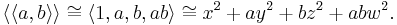 \langle\langle a,b\rangle\rangle\cong \langle 1, a, b, ab \rangle \cong x^2 %2B ay^2 %2Bbz^2 %2Babw^2.