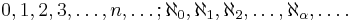 0, 1, 2, 3, \ldots, n, \ldots�; \aleph_0, \aleph_1, \aleph_2, \ldots, \aleph_{\alpha}, \ldots.\ 