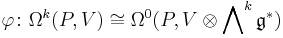 \varphi\colon \Omega^k(P,V)\cong \Omega^0(P,V\otimes\bigwedge\nolimits^k\mathfrak g^*)