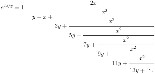 
e^{2x/y} = 1%2B\cfrac{2x}{y-x%2B\cfrac{x^2}{3y%2B\cfrac{x^2}{5y%2B\cfrac{x^2}{7y%2B\cfrac{x^2}{9y%2B\cfrac{x^2}{11y%2B\cfrac{x^2}{13y%2B\ddots\,}}}}}}}
