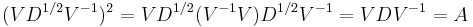 (V D^{1/2} V^{-1})^2 = V D^{1/2} (V^{-1} V) D^{1/2} V^{-1} = V D V^{-1} = A\,