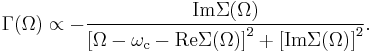  
\Gamma(\Omega) \propto -\frac{\mathrm{Im} \Sigma(\Omega)}{\left[\Omega-\omega_{\mathrm{c}}-\mathrm{Re} \Sigma(\Omega)\right]^2 %2B \left[\mathrm{Im}\Sigma(\Omega)\right]^2} . 
