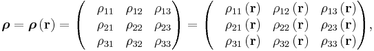  \boldsymbol{\rho} 
= \boldsymbol{\rho}\left( \mathbf{r} \right ) 
= \begin{pmatrix} & \rho_{11} & \rho_{12} & \rho_{13} \\
& \rho_{21} & \rho_{22} & \rho_{23} \\
& \rho_{31} & \rho_{32} & \rho_{33} 
\end{pmatrix}
= \begin{pmatrix} & \rho_{11} \left( \mathbf{r} \right ) & \rho_{12} \left( \mathbf{r} \right ) & \rho_{13} \left( \mathbf{r} \right ) \\
& \rho_{21} \left( \mathbf{r} \right ) & \rho_{22} \left( \mathbf{r} \right ) & \rho_{23} \left( \mathbf{r} \right ) \\
& \rho_{31} \left( \mathbf{r} \right ) & \rho_{32} \left( \mathbf{r} \right ) & \rho_{33} \left( \mathbf{r} \right )
\end{pmatrix} , \,\!