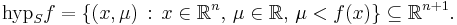 \mbox{hyp}_S f = \{ (x, \mu) \,�: \, x \in \mathbb{R}^n,\, \mu \in \mathbb{R},\,  \mu <  f(x) \} \subseteq \mathbb{R}^{n%2B1}.