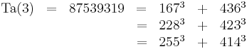 \begin{matrix}\operatorname{Ta}(3)&=&87539319&=&167^3 &%2B& 436^3 \\&&&=&228^3 &%2B& 423^3 \\&&&=&255^3 &%2B& 414^3\end{matrix}