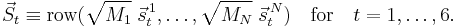 
\vec{S}_t \equiv \operatorname{row}(\sqrt{M_1}\;\vec{s}^{\,1}_{t}, \ldots, \sqrt{M_N} \;\vec{s}^{\,N}_{t})
\quad\mathrm{for}\quad t=1,\ldots, 6.
