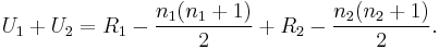 U_1 %2B U_2 = R_1 - {n_1(n_1%2B1) \over 2} %2B R_2 - {n_2(n_2%2B1) \over 2}. \,\!