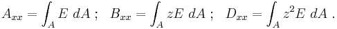 
  A_{xx}  = \int_A E~dA ~;~~ B_{xx}  = \int_A zE~dA ~;~~ D_{xx}  = \int_A z^2E~dA ~.
 