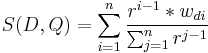 S(D,Q) = \sum_{i=1}^n\frac{r^{i-1}*w_{di}}{\sum_{j=1}^n r^{j-1}}