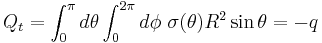 
Q_t=\int_0^\pi d\theta \int_0^{2\pi} d\phi\,\,\sigma(\theta) R^2\sin\theta = -q
