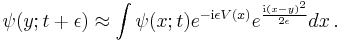 
\psi(y;t%2B\epsilon) \approx \int \psi(x;t) e^{-{\rm i}\epsilon V(x)} e^{{\rm i}(x-y)^2 \over 2\epsilon} dx
\,.