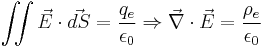 \iint\vec{E}\cdot\vec{dS} = \frac{q_e}{\epsilon_0} \Rightarrow \vec{\nabla}\cdot\vec{E}=\frac{\rho_e}{\epsilon_0}