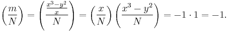 \left(\frac{m}{N}\right) = \left(\frac{\frac{x^3-y^2}{x}}{N}\right) = \left(\frac{x}{N}\right)\left(\frac{x^3-y^2}{N}\right) = -1\cdot 1=-1.