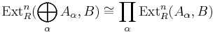 \operatorname{Ext}^n_R(\bigoplus_\alpha A_\alpha,B)\cong\prod_\alpha\operatorname{Ext}^n_R(A_\alpha,B)