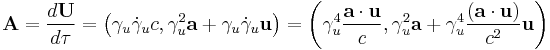 \mathbf{A} =\frac{d\mathbf{U}}{d\tau}=\left(\gamma_u\dot\gamma_u c,\gamma_u^2\mathbf a%2B\gamma_u\dot\gamma_u\mathbf u\right)
=\left(\gamma_u^4\frac{\mathbf{a}\cdot\mathbf{u}}{c},\gamma_u^2\mathbf{a}%2B\gamma_u^4\frac{\left(\mathbf{a}\cdot\mathbf{u}\right)}{c^2}\mathbf{u}\right)