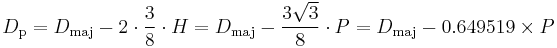 D_\mathrm{p} = D_\mathrm{maj} - 2\cdot\frac38\cdot H = D_\mathrm{maj} - \frac{ 3 {\sqrt 3}}{8}\cdot P = D_\mathrm{maj} - 0.649519 \times P