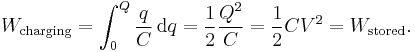  W_\text{charging} = \int_{0}^{Q} \frac{q}{C} \, \mathrm{d}q = \frac{1}{2}\frac{Q^2}{C} = \frac{1}{2}CV^2 = W_\text{stored}.