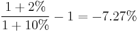 \frac{1 %2B 2\%}{1 %2B 10\%} - 1 = -7.27\%