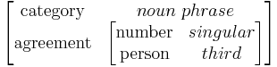 \begin{bmatrix} \mbox{category} & noun\ phrase\\ \mbox{agreement} & \begin{bmatrix} \mbox{number} & singular \\ \mbox{person} & third \end{bmatrix} \end{bmatrix}