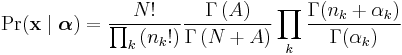 \Pr(\mathbf{x}\mid\boldsymbol{\alpha})=\frac{N!}
{\prod_{k}\left(n_{k}!\right)}\frac{\Gamma\left(A\right)}
{\Gamma\left(N%2BA\right)}\prod_{k}\frac{\Gamma(n_{k}%2B\alpha_{k})}{\Gamma(\alpha_{k})}