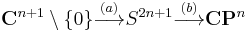 \mathbf{C}^{n%2B1}\setminus\{0\} \stackrel{(a)}\longrightarrow S^{2n%2B1} \stackrel{(b)}\longrightarrow \mathbf{CP}^n